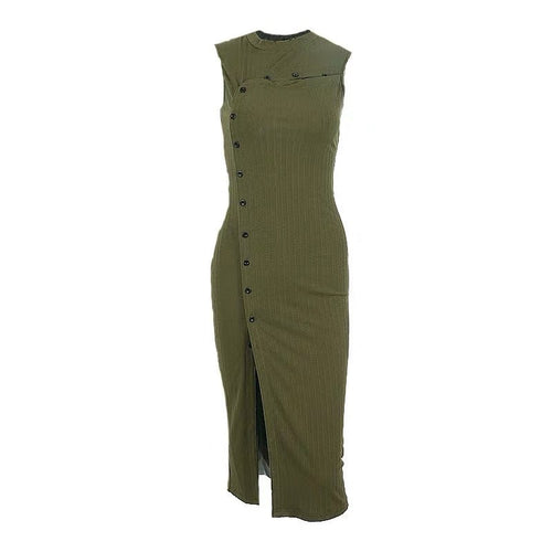 Chic Women Sleeveless Midi Dress - Stretchy Bodycon Style Cotton Split Hem Pencil Dress w/ 2 Sides 2 in 1 | Elegant Basic Fashion Piece