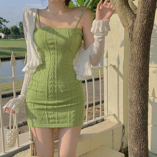 Chic Women Sleeveless Avocado Green Dress - Stretchy Bodycon Style Knitted Ruched Mini Dress w/ Halter Neck | Elegant Basic Fashion Piece