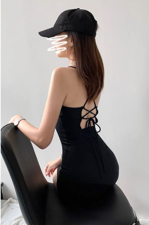 Women Sleeveless Midi Dress -Stretchy Bodycon Cotton Split Hem Pencil Backless Dress w/ Halter Neck & Strappy Tie Back|Elegant Basic Fashion