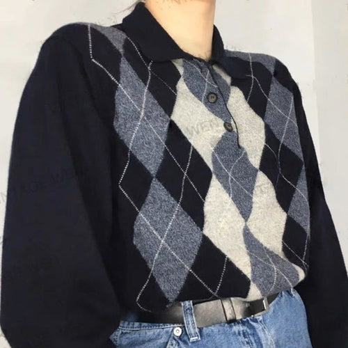 Elegant V Neck Sweater For Women - Vintage Argyle Oversized Long Sleeves Jumper Knitted for Winter & Spring | One Size Retro Jumper