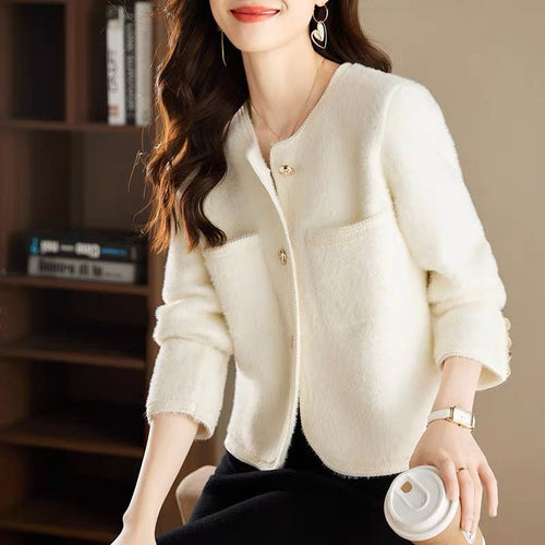 Women Elegant Scoop Neck Long Sleeves Cardigan – Knitted Cotton w/ Notched Buttons Cardigan Tops Jacket | Classic Basic Fashion