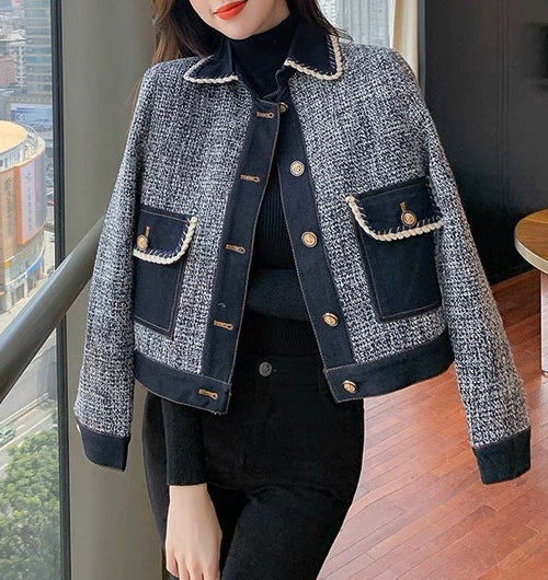 Navy Jeans Elegant Style Tweed Denim Cropped Blazer Jacket - Trendy Vintage Style Single Breasted Outfit| High Quality Short Suit Top