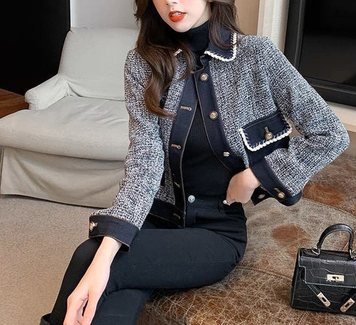 Navy Jeans Elegant Style Tweed Denim Cropped Blazer Jacket - Trendy Vintage Style Single Breasted Outfit| High Quality Short Suit Top